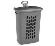 a grey trash can on a white background