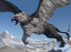 an illustration of a large bird with wings outstretched in the air over snow covered mountains