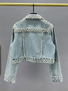 DEAT Women's Denim Coat Full Pearls Colored Beaded Crystal Long Sleeve Cool Burrs Female Jackets Upcycle Jean Jacket, Diy Clothes Accessories, Summer Elegance, Denim Coat Women, Altered Couture, Upcycle Jeans, Embellished Denim, Stylish Work Outfits, Denim And Lace