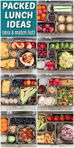 lunch boxes filled with different types of food and the words packed lunch ideas mix & match list