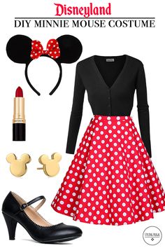 a minnie mouse outfit is shown with red and white polka dots on the skirt, black card