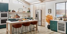 a large kitchen with green cabinets and white counter tops, along with bar stools