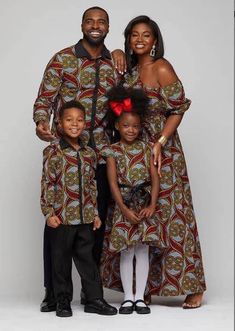 "This is an African Print Family Matching Clothing for photoshoot, wedding and other social event. Features: * Brand New 100% cotton fabric of highest grade/quality. * Carefully lined for perfect fit. * Professionally sewn and finished. This set is for husband, wife and 2 children. If you have a lesser number of family, please let me know so as to reduce the price. The price will increase if the family is more than five. Before ordering, kindly go through the available fabrics and size chart to Photoshoot African, Family Reunion Outfit, Reunion Outfit, African American Family, African Wedding Dress, Matching Outfit, Black Families, Elegantes Outfit, African Wedding