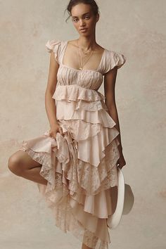 From cutwork to crochet, Anthro is THE place for lace. | Square-Neck Ruffle Midi Dress by Anthropologie in Pink, Women's, Size: Medium, Cotton/Nylon/Rayon Antique Dresses Vintage Fashion, Flirty Dresses Romantic, Ruffle Babydoll Dress, Worth Collective, Ethereal Style, Lace Capelet, Romantic Clothing, Ruffle Dresses, Anthropologie Clothing