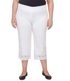 From Ruby Rd. Plus&#x2C; these pants feature:Wide waistband Faux front pockets Back functional pockets Capri length Straight leg with embroidered hem Pull-on constructionApprox. 22" inseam Tencel™ lyocell/polyesterMachine wash/tumble dryImported. Embroidered Stretch Straight Leg Bottoms, Stretch Wide Leg Embroidered Bottoms, Stretch Embroidered Wide Leg Bottoms, Embroidered Stretch Wide Leg Bottoms, Embroidered Hem, American Brand, Plus Size Pants, Wide Waistband, Dillard's