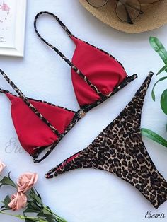 Eromis - Womens Leopard Print Triangle Tie Shoulder Bikini Set: Spaghetti Strap Stretchy V String Swimsuits, Offering a Sensuous and Stylish Swimwear & Clothing Choice Swimwear Outfit, Types Of Printing, Spaghetti Strap, Leopard Print, Knitted Fabric, Spaghetti, Clothes