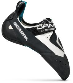 the scarra climbing shoe is shown in black, white and teal color scheme