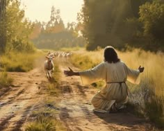 jesus walking down a dirt road with his arms outstretched to the side as sheep run behind him