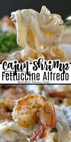 shrimp alfredo on a fork with the words cauli - shrimp fettuccine alfredo above it