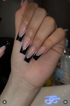 Black French Tips With Sparkles, Black French Tips With Glitter Outline, Black Classic Nails, Coffin Acrylic Nails Black French Tip, Black French Tip Nails With Glitter Line, Formal Nails Acrylic Coffin, Black Nail Ideas For Prom, Black Acrylic Prom Nails, Black Silver French Tip Nails