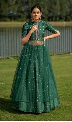 Simple Frock Design, Long Frock Designs, Gown Party Wear, Party Wear Gown, Green Lehenga