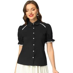 This retro blouse from Allegra K is designed with the lace contrast trim. A perfect option for weekdays and weekends in the sun. Featuing a cute peter pan collar and the contrast design, the top is completed with short sleeves with a button cuff. The modern formal wear meets vintage femininity on this cute shirt, which has a doll collar design and pin tuck at the front. Black Tops With Contrast Collar For Summer, Black Top With Contrast Collar For Summer, Black Tops With Contrast Collar For Spring, Fitted Top With Contrast Collar For Spring, Fitted Button-up Top With Contrast Collar, Summer Shirt With Contrast Collar And Short Sleeves, Fitted Tops With Contrast Collar And Button-up, Cotton Button-up Tops With Contrast Collar, Spring Black Top With Contrast Trim