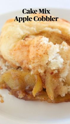 a close up of a plate of food with the words cake mix apple cobbler