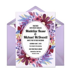 an image of wedding card with flowers on the front and back side, in purple