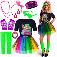 a woman is dressed up as a disco dancer and has neon accessories on her head