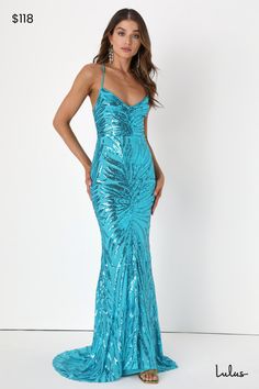 Feel like the brightest star on the dancefloor all night long in the Lulus Sparkle 'til Dawn Teal Blue Sequin Lace-Up Mermaid Maxi Dress! Dazzling teal blue sequins create an abstract pattern across sheer mesh to shape a V-neckline, a princess-seamed bodice, and slender straps that lace down the sexy open back. High, fitted waist sits atop a cascading mermaid skirt that falls to a stunning maxi hem. Hidden back zipper/clasp. Fit: This garment fits true to size. Length: Ankle length. Size medium Teal Prom Dresses Turquoise, Teal Formal Dress, Turquoise Prom Dresses, Teal Prom Dresses, Dream Prom Dress, Mermaid Maxi Dress, Dress Night, 16 Dress, White Prom Dress