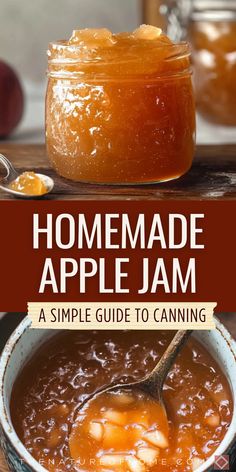 homemade apple jam in a bowl and spoon with the title overlay reading homemade apple jam a simple guide to canning