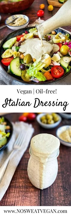 a plate full of salad and dressing with the words vegan oil - free italian dressing