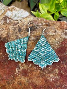 Turquoise Handwoven Beaded Earrings With Round Beads, Bohemian Rectangular Beaded Earrings With Dangling Beads, Turquoise Handwoven Drop Beaded Earrings, Turquoise Handwoven Round Bead Earrings, Handwoven Turquoise Round Bead Earrings, Bohemian Beaded Rectangular Earrings, Rhombus Earrings, Silver Bead Earrings, Earrings Geometric