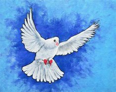 a painting of a white dove flying in the sky