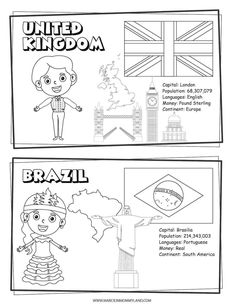 two coloring pages for children to color in with the flag of england and the map of brazil