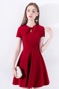 Red Aline Dress Casual, Bowknot Dress, Red Flare, Short Dress Styles, Short Party Dress, Dress With Short Sleeves, Short Homecoming Dress, Batik Dress, Dress Order