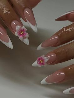 10pcs Handmade French Floral Pointed Fake Nails - Almond Shape, 3D Floral & Crystal Decor, Pink/Nude Glitter Effect, New Ins European & American Mid-Length Pointed Style, Artistic Manicure, Elegant Vacation Vibe, Delicate Floral 3D Charming, Suitable For Women & Girls Daily & Party Wear, Premium Press On Nails LongI discovered amazing products on SHEIN.com, come check them out! Paznokcie Hello Kitty, Orchid Nails, Kutek Disney, Easy Nails, Makijaż Smokey Eye, Nail Swag, White Nail, Stil Elegant