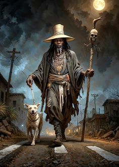 a painting of a man with a dog on a leash holding a stick and wearing a hat