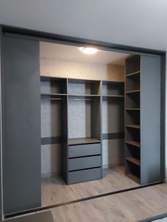 an empty walk in closet with shelves and drawers