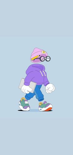 a cartoon character is walking in the snow with sunglasses on his head and purple hoodie