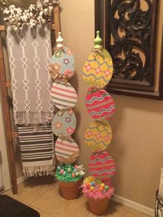 an assortment of easter decorations on display in a home