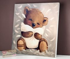 a painting of a brown teddy bear with a white pillow on it's chest