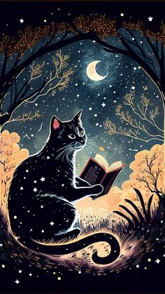 a black cat sitting in the woods reading a book