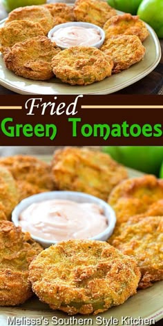 fried green tomatoes on a plate with ranch dip and apples in the background, text overlay reads fried green tomatoes