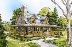 this is an artist's rendering of a log cabin house with porches and stone chimney