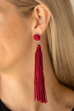 A tassel of shiny red cording swings from the bottom of a matching red threaded button-top frame for a flirtatious fashion. Earring attaches to a standard post fitting.

 Sold as one pair of post earrings. Nickel Free Jewelry, Paparazzi Accessories, Red Earrings, Silver Buttons, Paparazzi Jewelry, Affordable Jewelry, Tassel Fringe, Black Rings, Tassel Earrings