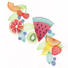 an embroidered design with fruit and leaves on white paper, including watermelon, grapefruit, kiwi, oranges