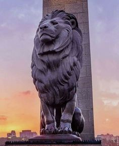 a statue of a lion with the sun setting in the back ground behind it,