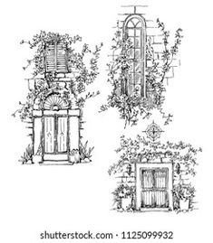 four different types of doors and windows with vines growing on the outside, in black and white