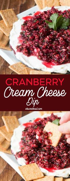 cranberry cream cheese dip with crackers in the background and on a plate