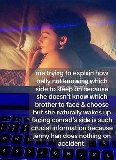 a woman laying on top of a bed next to a laptop computer with the caption'me trying to explain how belly not known which side to sleep