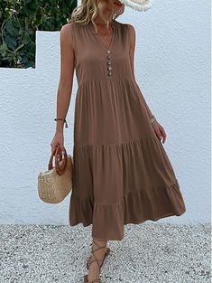 JIM & NORA Casual Summer Midi Dress Women Sleeveless Tank V Neck Buttons Ruffle Loose Dresses Beach Soild Sundress Fashion amazing dresses for summer Beach Party Dress, Smocked Dresses, Midi Dress Style, Ruffle Midi Dress, Solid Color Dress, Midi Dress Summer, Vestido Casual, Loose Dress, Smock Dress