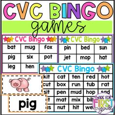 the cvc bingo game is shown with words and pictures to help students learn how to read