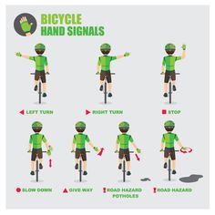 the instructions for how to ride a bicycle with hand signals on each side and right turn