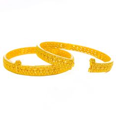 This two bangles, exquisitely crafted in 22k gold, weighs 38.1 grams The design features an exclusive floral line, elegantly presented in a yellow gold finish. Each bangle is sized at 2.5, with a 2.3" diameter opening, ensuring a perfect blend of comfort and style. These openable bangles incorporate a screw and hinge mechanism, adding practicality to their luxurious appeal. This set of two bangles is ideal for those seeking unique, floral-themed jewelry that combines traditional elegance with co Traditional Yellow Bangle For Formal Occasion, Formal Yellow 22k Gold Bangle, Formal 22k Gold Bangle With Intricate Design, Gold Plated Filigree Bangle, 22k Gold Filigree Bangle Bracelet, 22k Gold Filigree Bangle For Formal Occasions, Formal 22k Gold Filigree Bangle, Gold-plated Yellow Bangle With Intricate Design, Yellow Gold Plated Bangle With Intricate Design