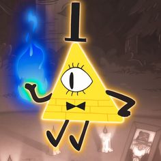 a cartoon triangle with an eye and bow tie on it's head, next to a fire