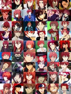 many different images of anime characters with red hair and black eyes, all looking like they are