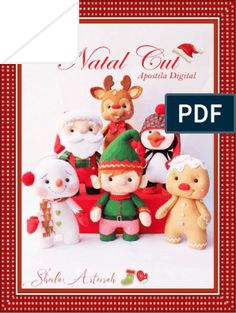 a christmas card with stuffed animals and santa claus on the front, surrounded by other holiday related items