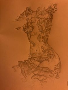 a pencil drawing of a woman's torso with flowers on her head and arms