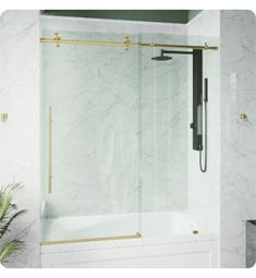 a bathroom with marble walls and flooring, including a bathtub that has a sliding glass shower door